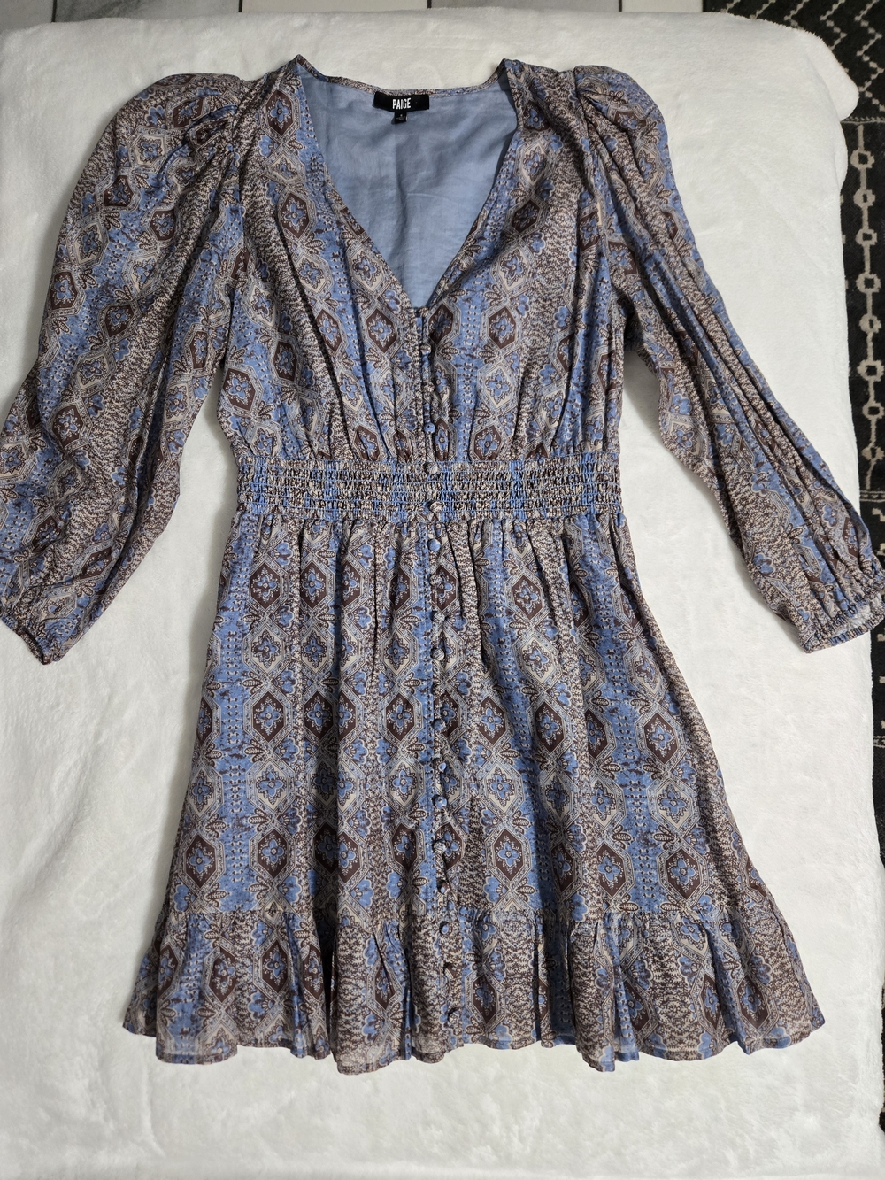 Paige Ophelie Silk Blend Puff Sleeve V Neck Mini Dress